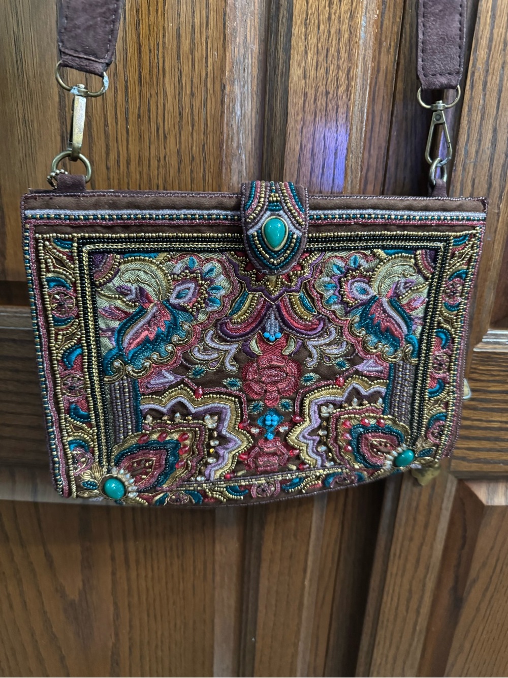 Mary Frances Multicolor Beaded Embroidered Crossbody in Teal, Pink, Purple& Gold